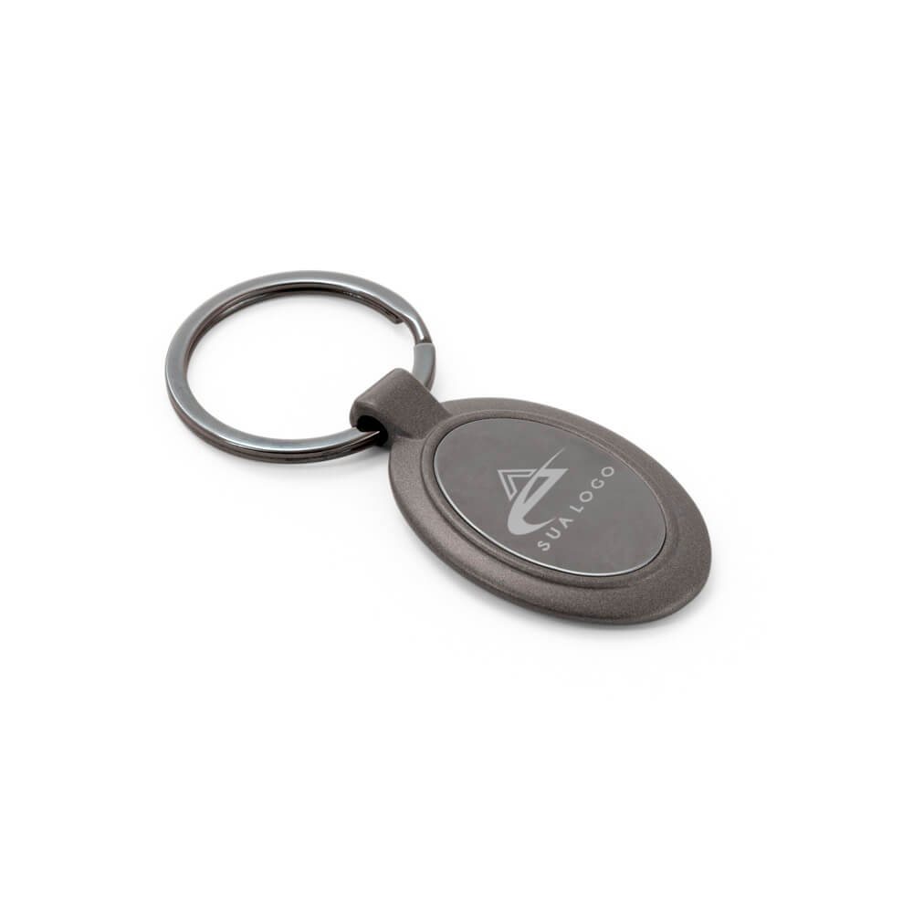 Abridores e chaveiros — Chaveiro gravacao a laser — Metal — Modelo oval — Cinza com detalhe preto