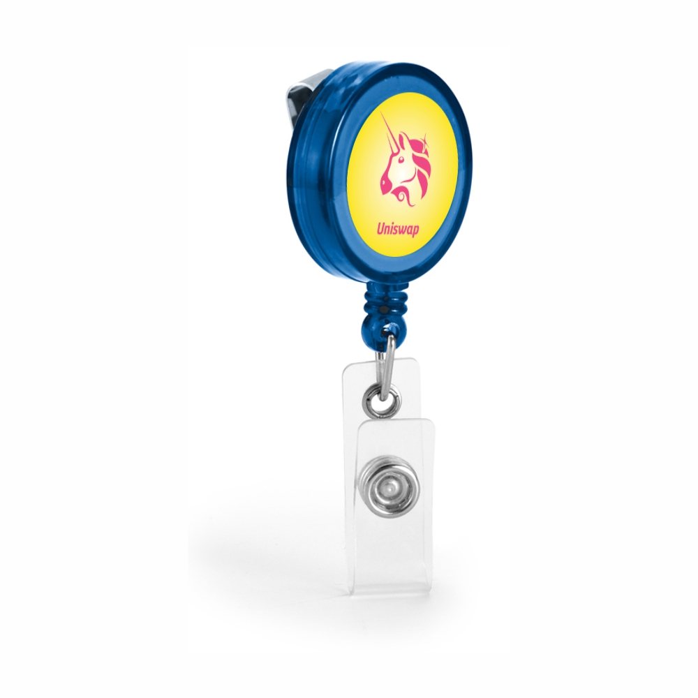 [POR01P1C] Abridores e chaveiros — Chaveiro porta cracha retratil (Azul transparente · Impressão 4×0 · 05 un. · 22 x 22 · POR01P1C)
