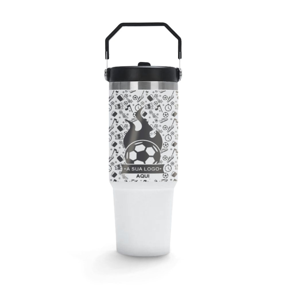 Copos — Gravacao a laser — Gravacao 360 — Copos termicos — Modelo alca sextavada com tampa — 900ml — Branco