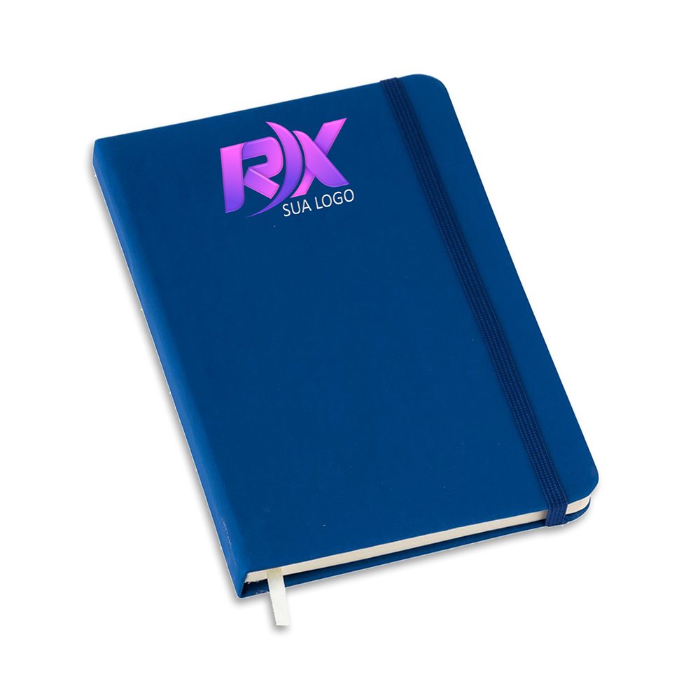 Agendas cadernos e apostilas — Caderneta — Tipo moleskine — Abertura horizontal — Miolo padrão com pauta com porta caneta — 14x21cm — Capa azul
